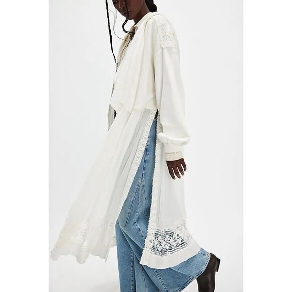 New Free People Float On Cardi Hooded Crochet Lace Sweatshirt Button Ivory S - Picture 4 of 13